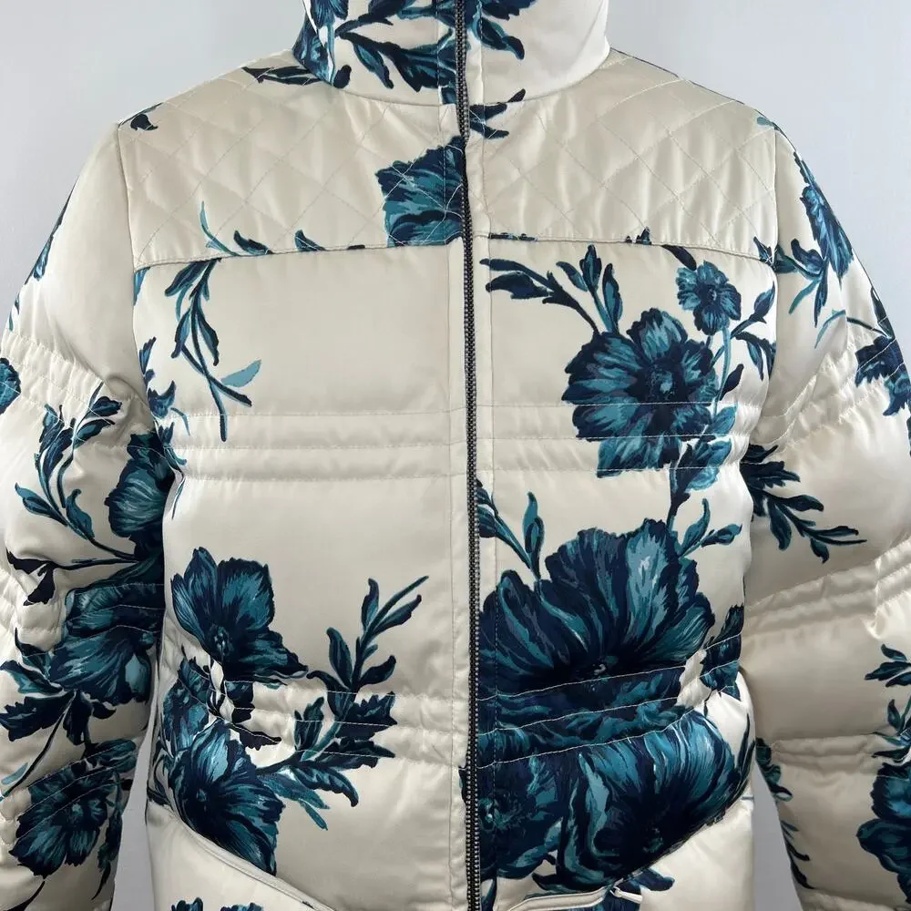 TORY BURCH White Blue Floral Full Zip Down Fill Quilted Puffer Jacket X-Small XS